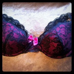 Adore Me sexy black + hot pink lace bra + panties